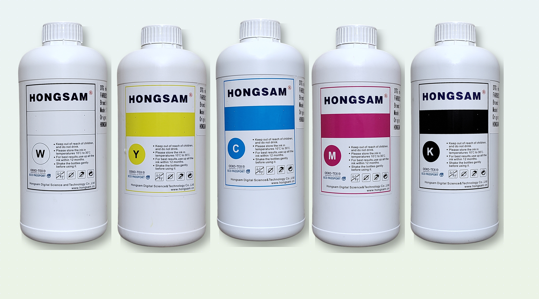 Tintas DTG Hongsam en colores White, Yellow, Cyan, Magenta y Black